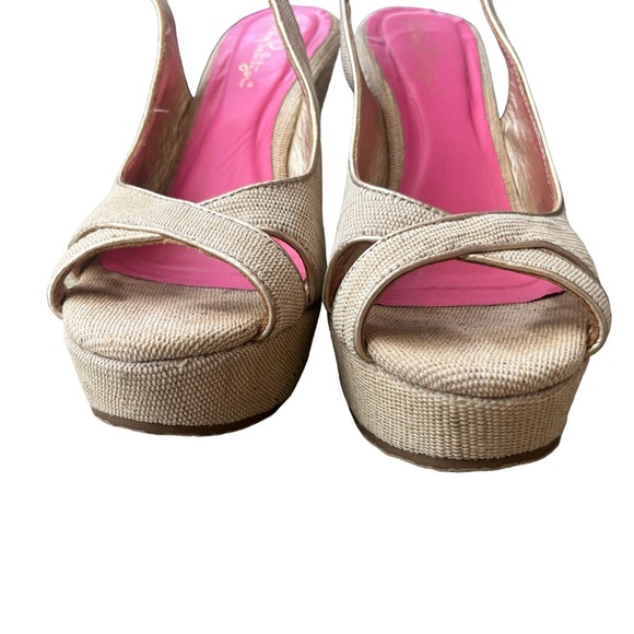 Lilly Pulitzer Picture Perfect Canvas Wedge Heel Sandals Gold Beige Size 7 M - Picture 6 of 9
